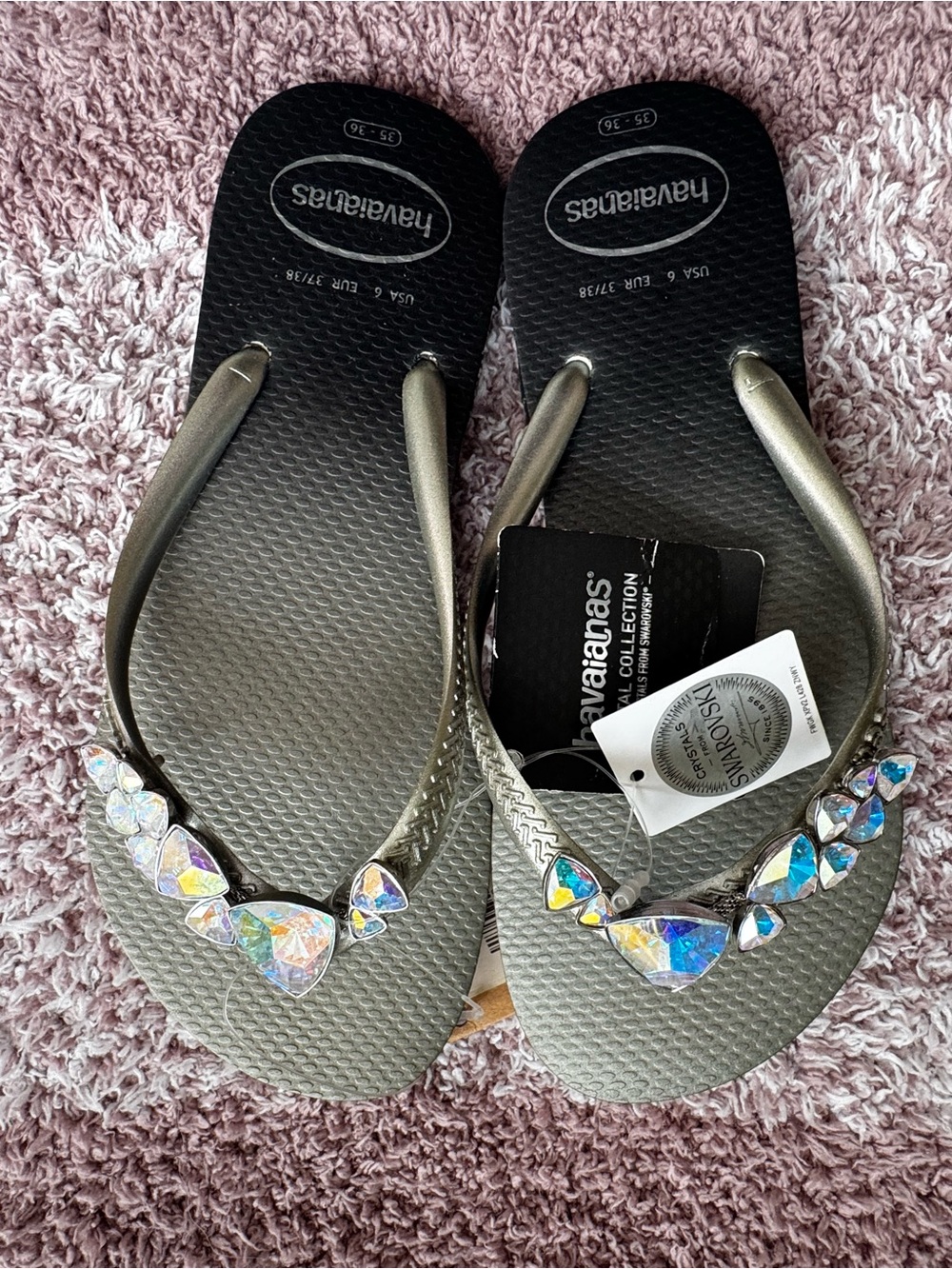 Havaianas Metallic Gray Flip Flops with Iridescent Crystal Accents